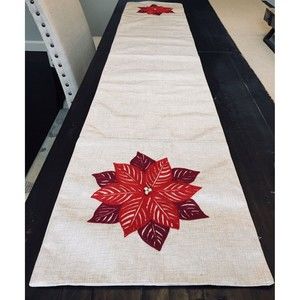 Metallic Gold Sparkly Red Holiday Christmas Poinsettia Table Runner Decor 71x14